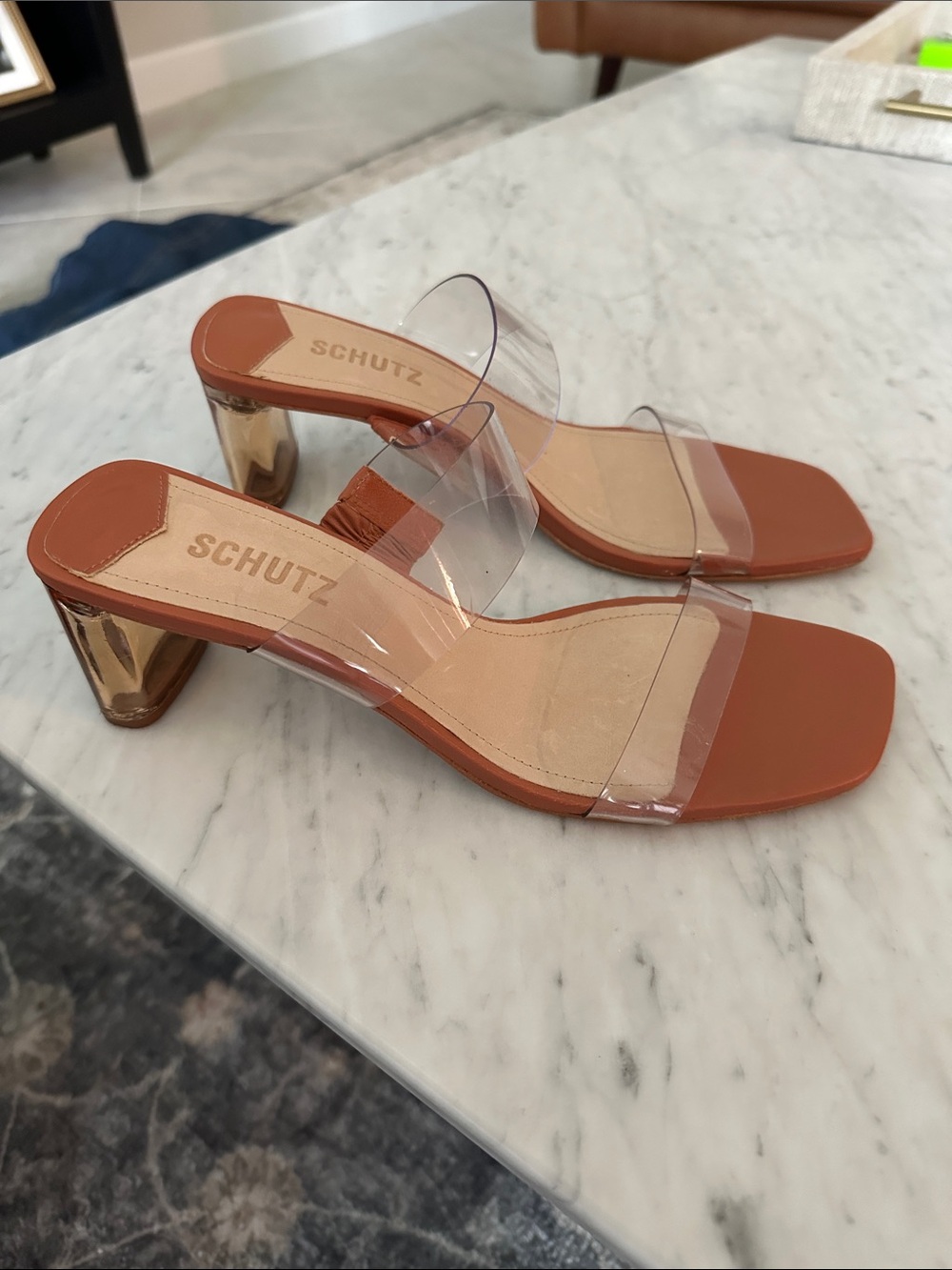 SCHUTZ Clear Strap Block Heels